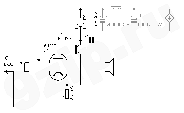 Схема гибридного усилителя на лампе и транзисторе