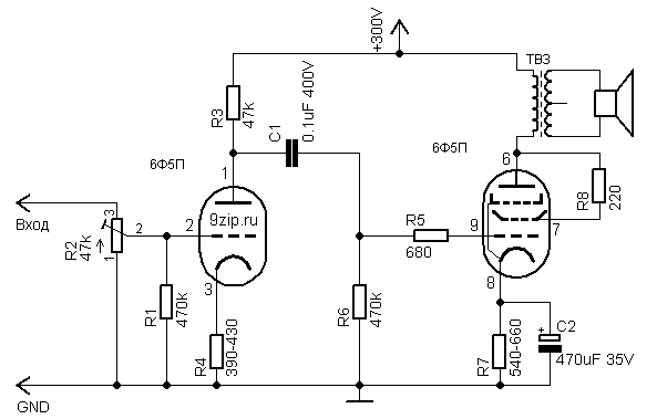 Схема лампового усилителя на 6Ф5П