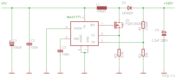 Схема повышающего преобразователя на MAX1771 для неоновых индикаторов Nixie
