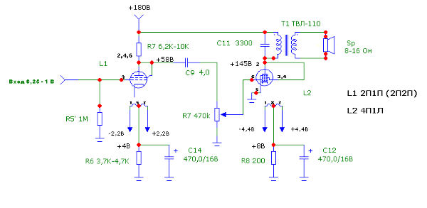 Схема усилителя на лампах 2П1П и 4П1Л