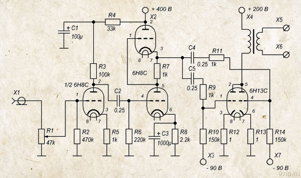 Схема однотактного усилителя на лампе 6Н5С (6Н13С)