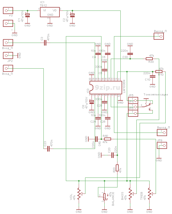 Схема регулятора тембра на микросхеме LM1036